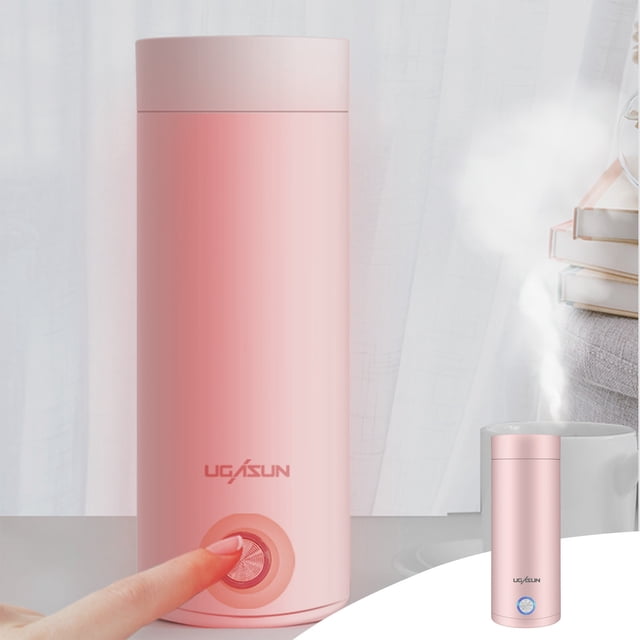 jovati Travel Kettle Car Kettle Portable Electric Kettle in pink, featuring a compact cylindrical design with a one-button key switch. Made of food-grade 304 stainless steel, it has a 400ml capacity and measures 20.5x7.5x7.5cm. The kettle includes a vented lid to prevent overflow and an automatic shut-off feature for safety. Ideal for boiling water, tea, or coffee while traveling, it fits easily in car cup holders or backpacks.
