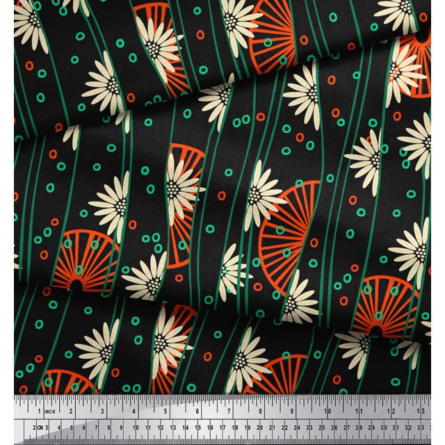 Soimoi Rayon Crepe Fabric Circle,Floral & Wheel Ethnic Decor Fabric Printed Yard 46 Inch Wide