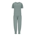 thumbnail image 4 of Haut Blouse à Manches Courtes Solide 2 Pièces pour Femmes + Ensembles de Pantalons à Poches Amples, 4 of 6