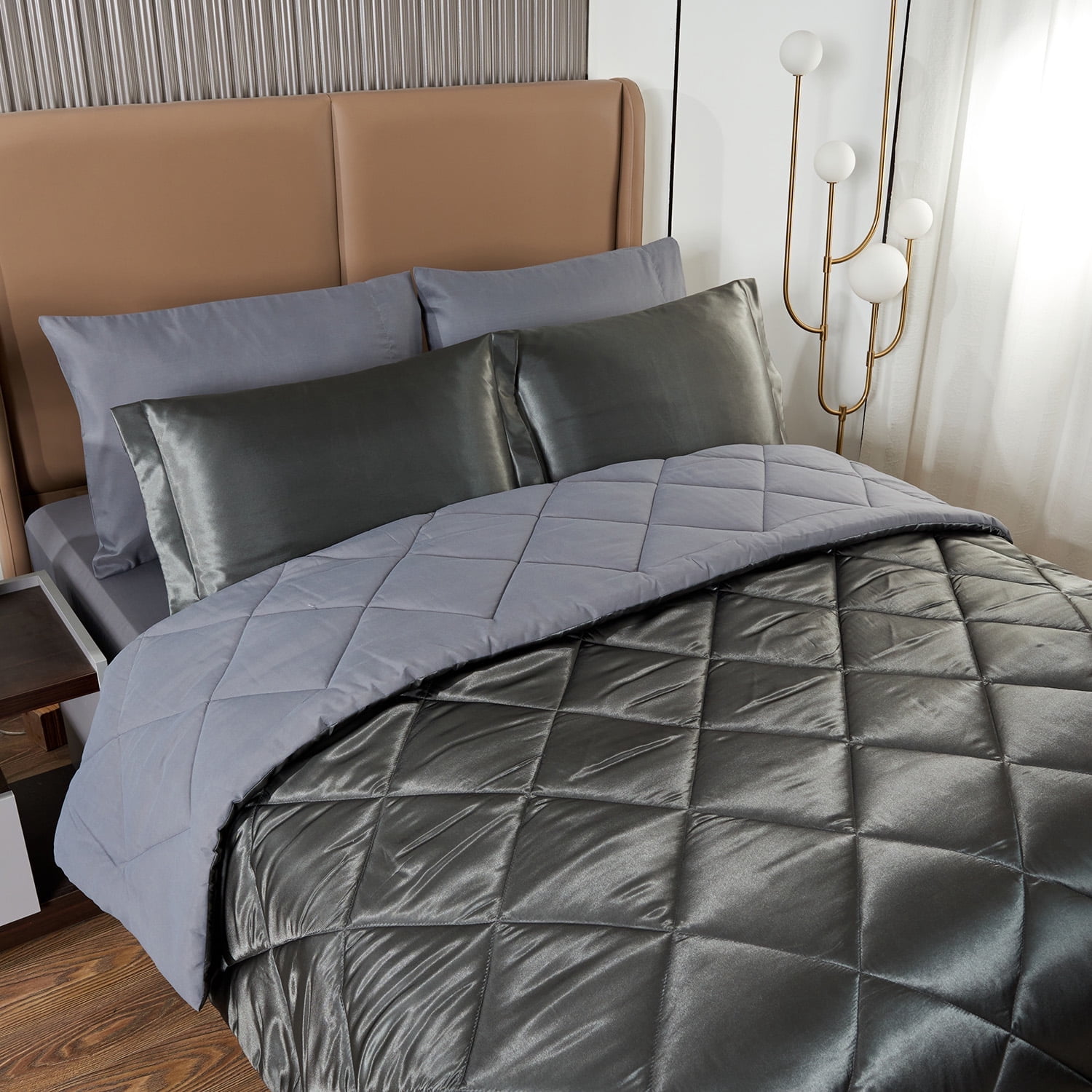 JML Luxury Satin 8-Piece Comforter Set, Silky Satin, Solid Color, King