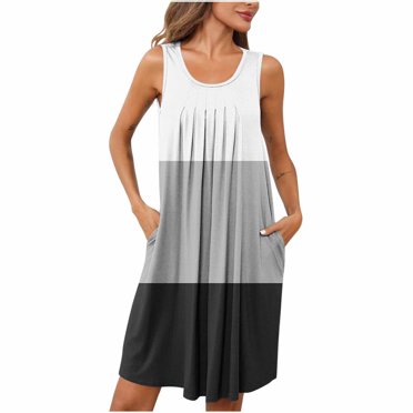cfhntfmh Robes de Pyjama pour Femmes Confortables Fluides à Encolure Dégagée Robe Débardeur Ample Plissée à Blocs de Couleur Sans Manches Chemises de Nuit avec Poches