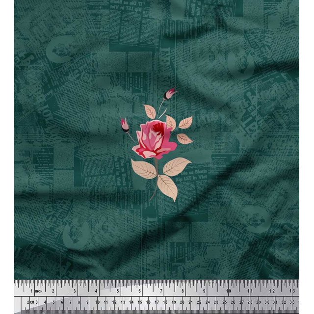 Soimoi Georgette Viscose Fabric Texture,Leaves & Rose Flower Decor Fabric Printed Yard 42 Inch Wide
