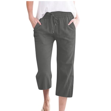 biudgviw Pantalon Capri pour Femmes Grande Taille Élastique Taille Haute Jambe Droite Court Pantalon en Coton et Lin Pantalon d'Été Décontracté avec Poches