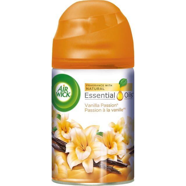 AirWick Freshmatic Air Freshener automatic spray refill in Vanilla Passion scent with natural essential oils, featuring an orange cap and label decorated with vanilla flowers and pods, suitable for continuous fragrance in various home rooms.