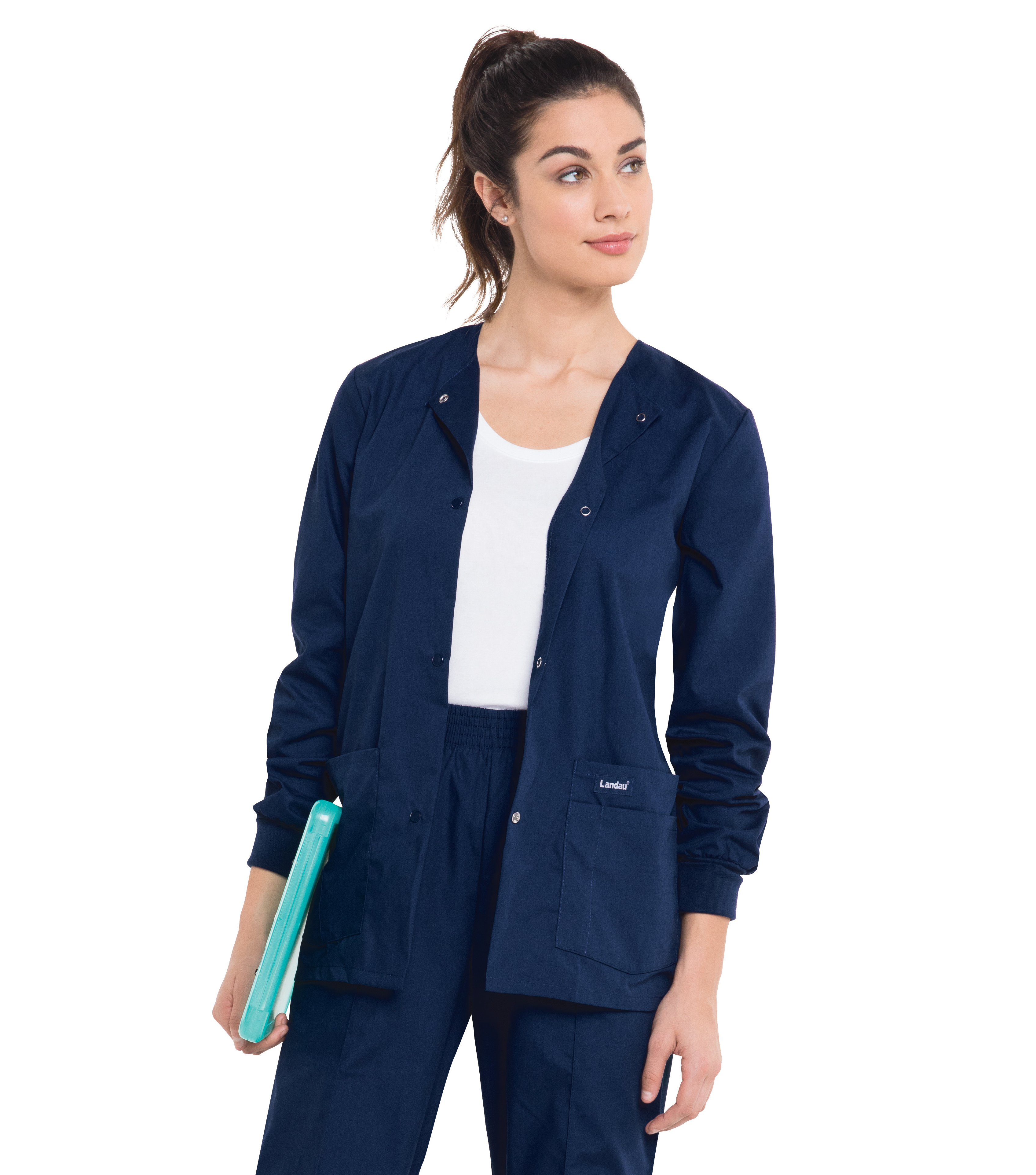 Landau Essentials Women's Classic Relaxed Fit 4 Pocket Crew Neck Scrub Jacket