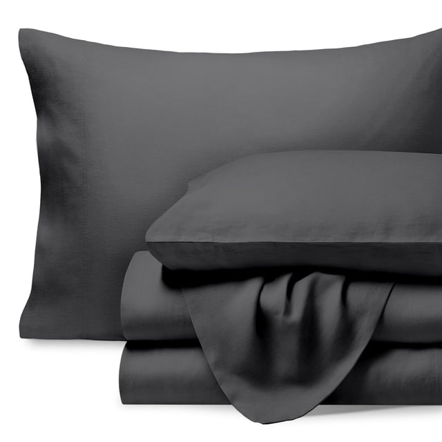 Bare Home Ensemble de Draps en Lin - Poche Profonde - Respirant - 4 Pcs - Grand Lit, Gris Foncé