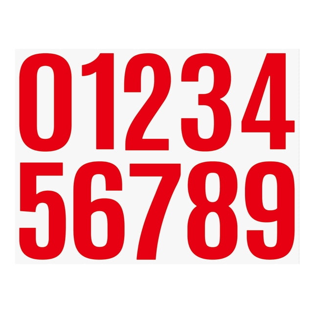4 Inch Large Size Number Stickers, featuring bold red numbers from 0 to 9 on a single sheet. Made of waterproof vinyl material, these self-adhesive decals are designed for easy peeling and application on mailboxes, trash cans, doors, and other smooth surfaces. Suitable for automotive decoration, exterior car decals, and clear address labeling.