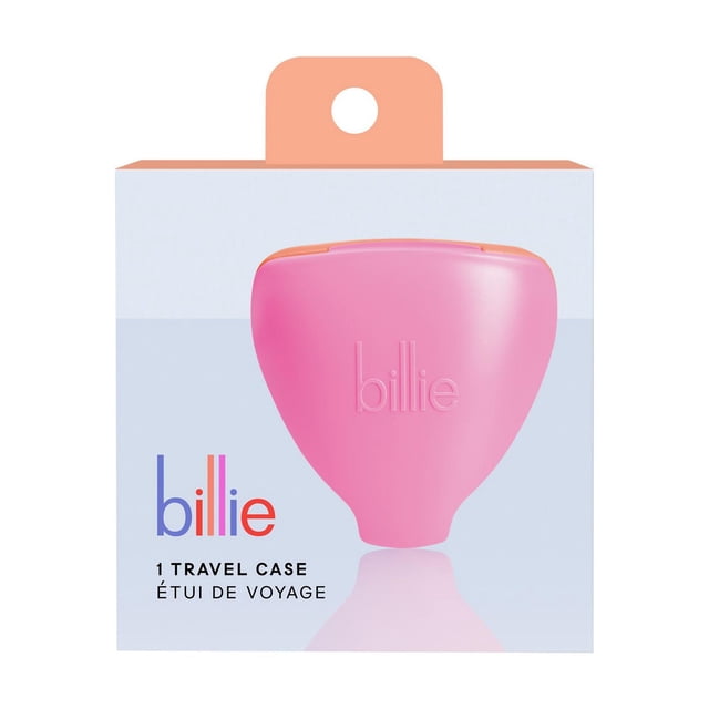 Billie 5-Blade Women’s Razor Travel Case in Pink Pop, compact pink triangular case with embossed 'billie' logo, magnetic closure, and ventilation holes to protect and dry razor blades during travel.