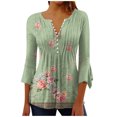 thumbnail image 1 of Pompotops Women's Casual Trumpet 3/4 Sleeve Printed Buttoned Basic Ruched Tops Pleated T-shirts Blouses On Sale, 1 of 5