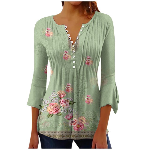 Pompotops Women's Casual Trumpet 3/4 Sleeve Printed Buttoned Basic Ruched Tops Pleated T-shirts Blouses On Sale