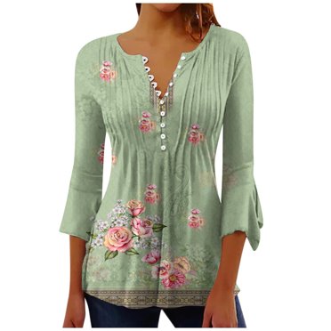 IROINID Rabais Chemises Grande Taille pour Femmes Col Rond Manches Longues Décontracté Imprimé Trompette Boutonné Basique Froncé Hauts T-shirts Plissés Blouses, Vert