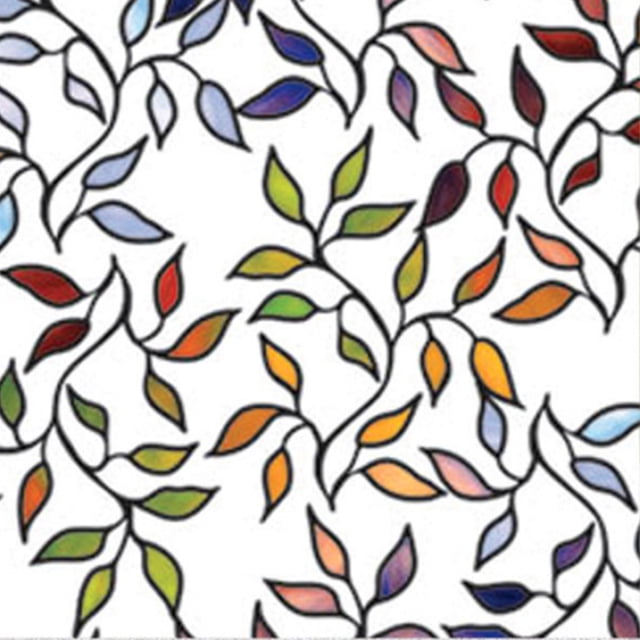 RoomMates Film pour Fenêtre à Feuilles de Vitrail avec Feuilles Stylisées Multicolores en Vert, orange, Rouge, Bleu et Violet sur Fond Blanc, Utilisant une Adhérence Statique pour une application Facile sur le Verre afin d'Intimité et de Réduire l'Éblouissement.