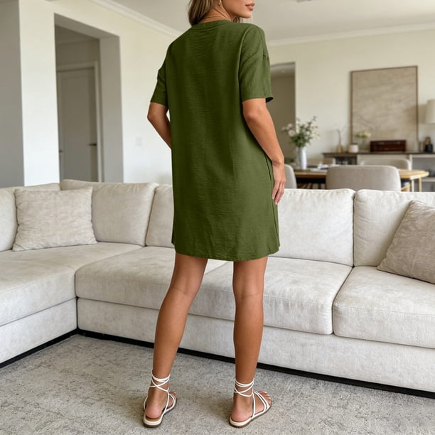 Besolor Summer Dresses for Women V Neck Short Sleeve Shift Dress Casual Loose Lightweight Breathable Office Work Dress