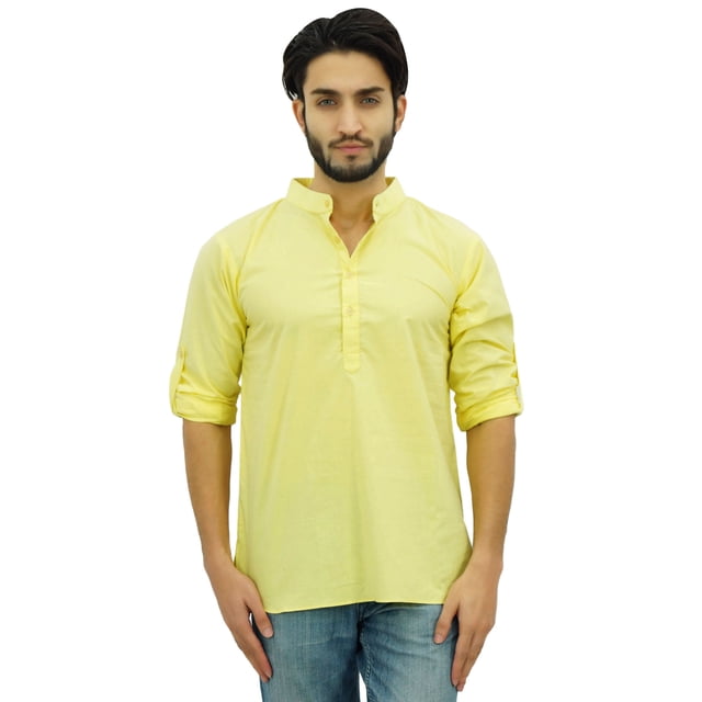 Atasi Kurta Ethnique pour Homme Jaune Col Mandarin Tunique en Coton Chemise-Grand