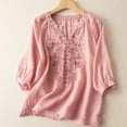 thumbnail image 2 of RKSTN Hauts pour Femmes Coton et Lin Brodés Manches Courtes Col Rond Blouses Amples Grande Taille Couleur Unie Hauts Polyvalents, 2 of 3