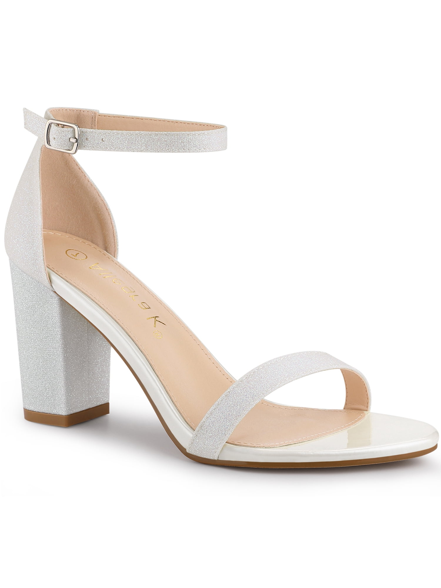 BLISSFUL STEP Women's Solid Color Glitter Ankle Strap Chunky Heels Sandals