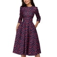 thumbnail image 1 of Robe d'Été Vintage pour Femme, Ligne A, Élégante, Imprimé Floral, Taille Haute, Manches Longues, Robe Soleil, Col Rond, Soirée, Grande Taille, 1 of 2