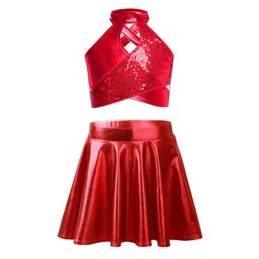 Yanarno Kids Girls Jazz Cheer Dance Performance Costume Sparkly Sequins Crop Top with Mini Skirt Set Red 14