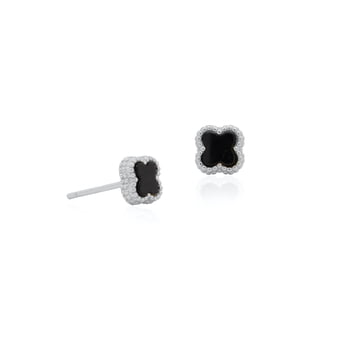 Mercie Sterling Silver Rhodium Plated Silver Black Clover Stud Earrings, Minimal Jewellery for Women