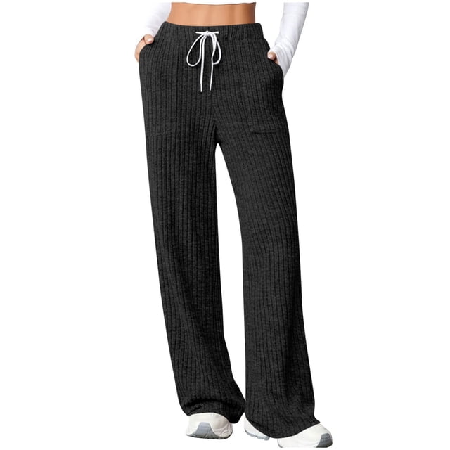 fatyb Womens Casual Ribbed Knit Pants Wide Leg Lounge Pants with Pockets Drawstring Loose Comfy Trousers
