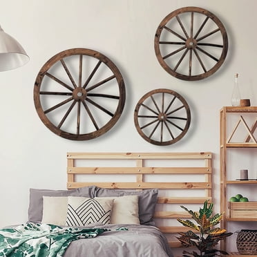 Décor Mural Vintage à Roues en Bois, Ensemble de 3 Pcs, Style Vintage Rond Décoratif Suspendu en Bois Naturel, Assemblage Facile, Disposition Triangulaire pour Maison Café Magasin avec Fini Bronze