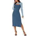 thumbnail image 2 of INSPIRE CHIC Robe Midi en Tricot pour Femme 2023 Automne Hiver à Manches Longues, Découpes, Col Rond, Blocs de Couleur, Ourlet Fendu, Bleu Foncé TG, 2 of 5