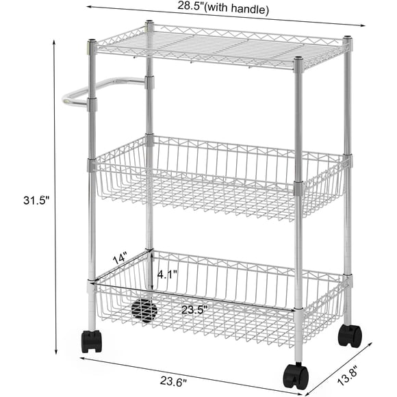 TROPOW 3 Tier Metal Rolling Cart, Kitchen Storage Cart, Utility Trolley with Handles & Wheels, Storage Trolley for Kitchen Bathroom Laundry Room Office, Silver
