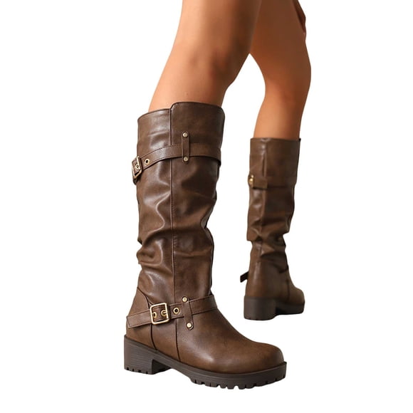 Slouchy Mid Calf Motorcyle Riding Boots For Women Slouch Leather Buckles Platform Chunky Tall Boots Brown