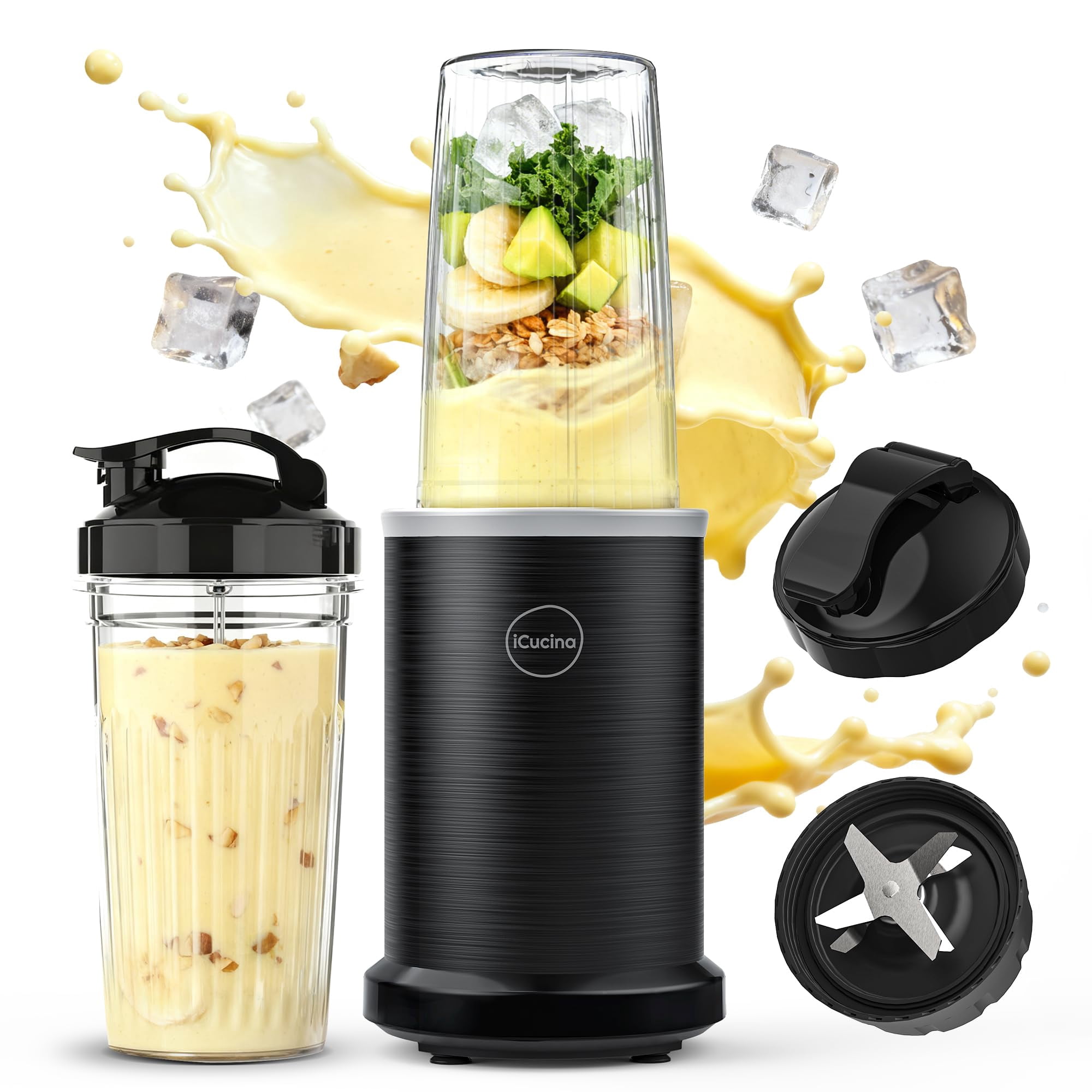 iCucina Smoothie Blender, 1000W Personal Blender for Shakes and Smoothies with 2 x 37oz Protable Cups and Lids, Single Serve Blenders for Ice Crushin