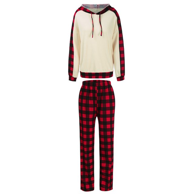 Kmbangi Female Suit Set Plaid Long Sleeve Hooded Pullover+ Long Pants