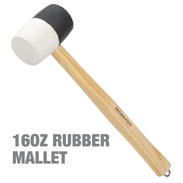 WorkPro 16Oz Rubber Mallet with a dual-colored black and white chemical-resistant rubber head designed to prevent surface marring, featuring a durable contoured hardwood handle with the WorkPro logo, ideal for tapping tile into thinset and other home improvement uses.