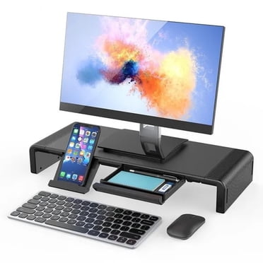 Support d'Écran Réglable et Pliable avec Tiroirs et Support pour Téléphone - Rehausseur Ergonomique pour Ordinateur Portable, iMac, PC - Étagère Organisatrice de Bureau Gain de Place - Noir