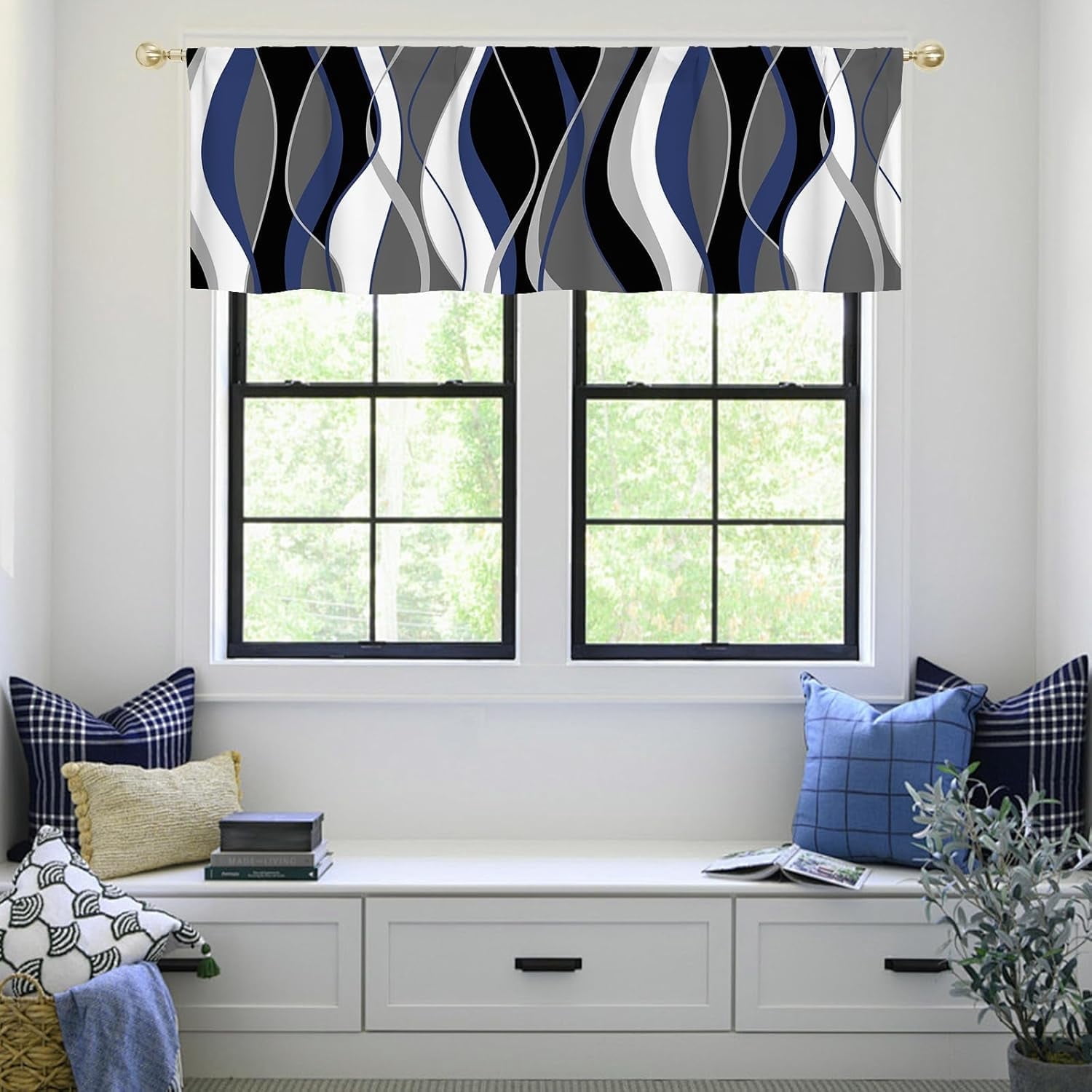 Navy Blue Valance Curtains for Living Room, Abstract Geometric Pattern Semi Sheer Kitchen Valances for Windows, Rod Pocket Short Window Treatment Decor, 52x18
