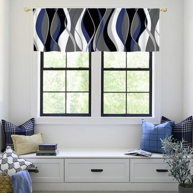 Navy Blue Valance Curtains for Living Room, Abstract Geometric Pattern Semi Sheer Kitchen Valances for Windows, Rod Pocket Short Window Treatment Decor, 52x18