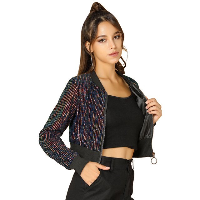 INSPIRE CHIC Blouson Bomber Court à Paillettes Scintillantes avec Fermeture Éclair pour Femme