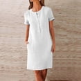 thumbnail image 2 of Robe Blanche à Boutons pour Femmes Été Automne Manches Courtes Col Ras du Cou Faux Gaze Lin Midi Longueur Genou Basique Robes Femmes 2025 Vêtements Doux Confortables Concert Country TG, 2 of 4