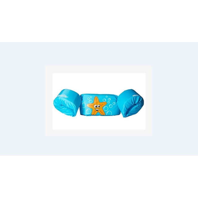 Wangscanis 1pc Sealive Kids Puddle Jumper Basic Life Jacket, Buoyancy Vest in bright blue with attached arm bands and a cheerful orange starfish design on the chest. Made from eco-friendly PVC and polyester, suitable for children aged 2-7 years. Adjustable buckle at the back ensures a secure fit, ideal for swimming aid and water safety gear.