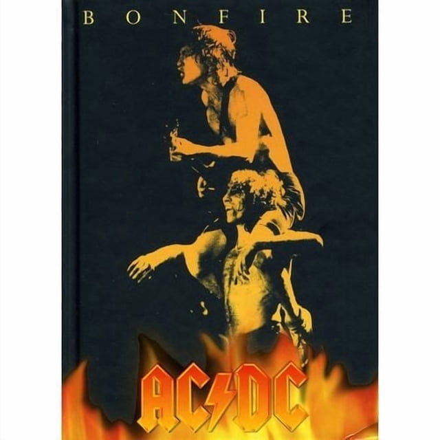 AC/DC - Bonfire Box CD cover featuring a black background with a golden-toned illustration of two figures, one standing and one seated, surrounded by flames at the bottom. The AC/DC logo is prominently displayed in bold red and yellow lettering above the flames.