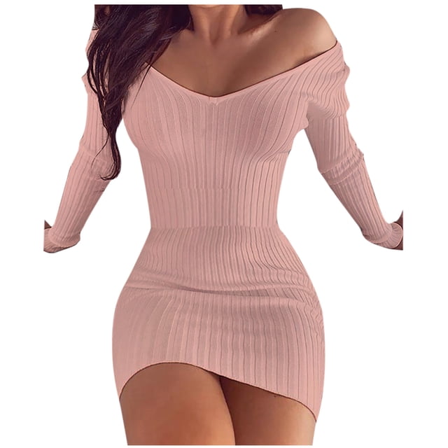 LLYwey en Liquidation Robes en Lin pour Femmes 2024 Mode Uni Col en V Manches Longues Fourreau Robe Moulante Nouvelles Robes de Travail Roses m