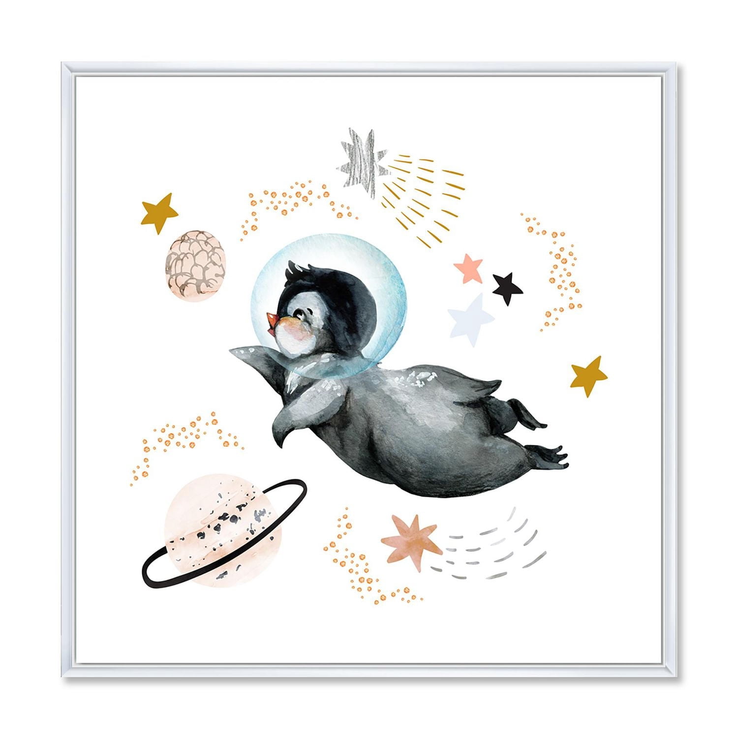Designart Petit Pingouin Volant Étoiles et Planètes II ART MURAL À CADRE FLOTT