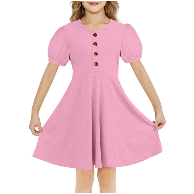 RXIRUCGD 2025 Vêtements d'Été pour Enfants Filles Robe d'Été Couleur Unie Col Rond Manches Courtes Robe Décontractée et Confortable pour Adultes
