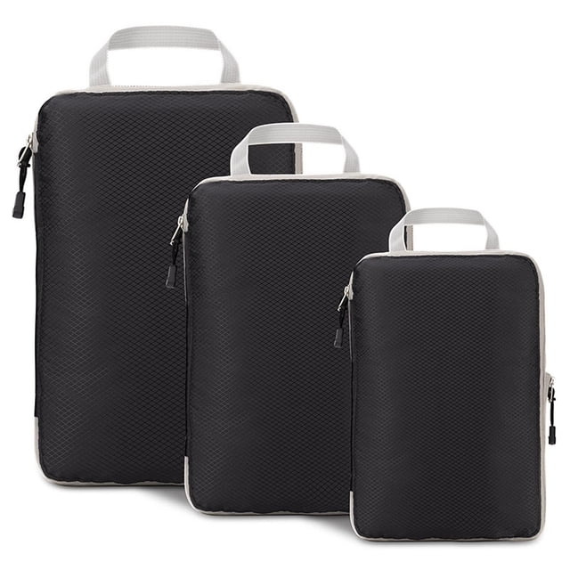 Compression Packing Cubes for Suitcases Travel Essential 3 Pcs Expandable Travel Bags Organizer for Luggage. The image shows three black compression packing cubes in small, medium, and large sizes, each with a textured fabric surface, white reinforced handles, and smooth double zippers. These cubes are designed to save up to 60% of luggage space and reduce clothing wrinkles, making them ideal for travel, business trips, and vacations.