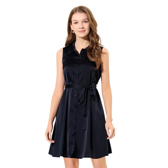 INSPIRE CHIC Robe Chemise Sans Manches en Satin pour Femme, Unie, Boutonnée, Tenue de Travail, Ceinturée, Bleu Foncé, L