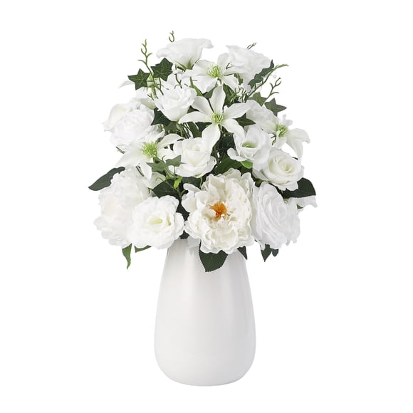 Roses Blanches Artificielles Réalistes dans un Vase en Céramique - Arrangement de Fleurs Artificielles Réalistes avec Tiges Flexibles - Décor Éternel Prêt à Exposer pour la Maison Ou le Bureau, Idéal pour des Mariages Ou des Cadeaux, Couleur : Blanc