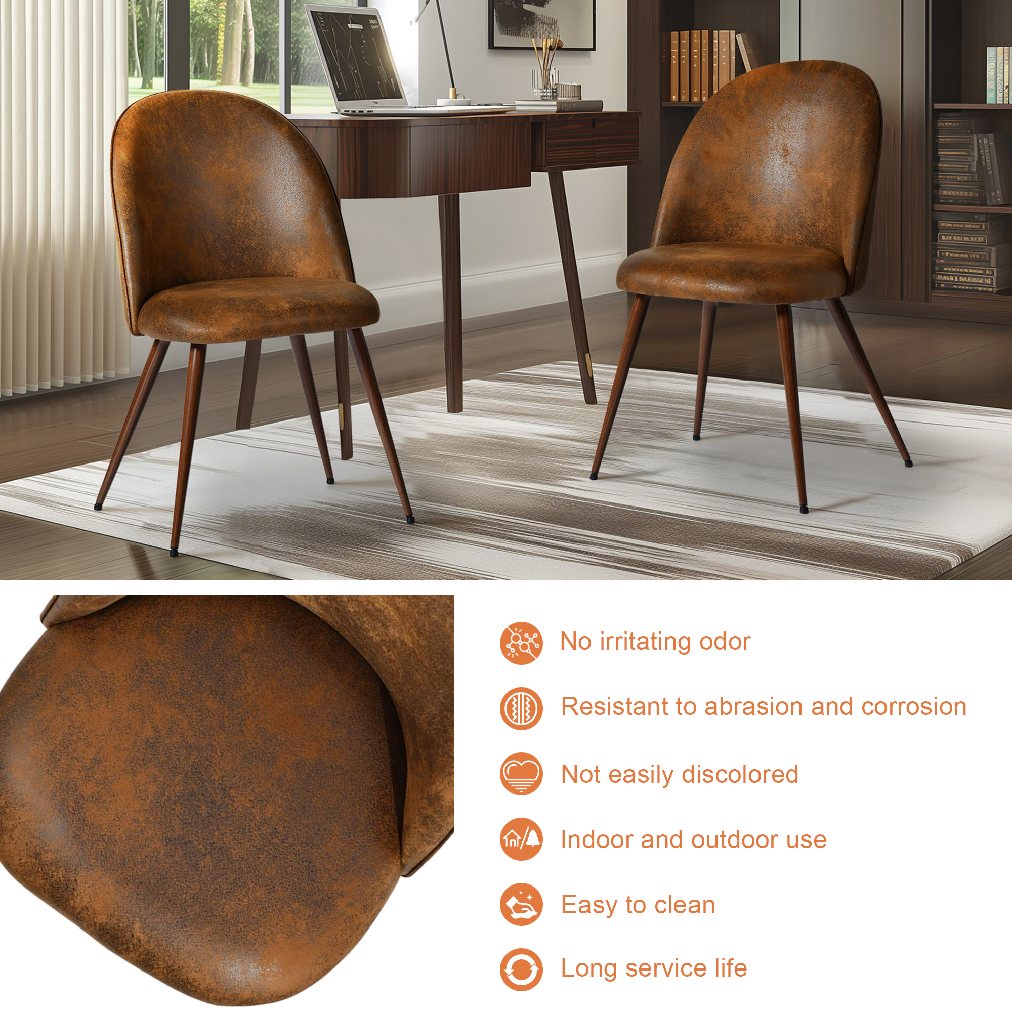 Ensemble de 2 chaises de bureau modernes Homy Casa, dossier incurvé rembourré en imitation daim brun