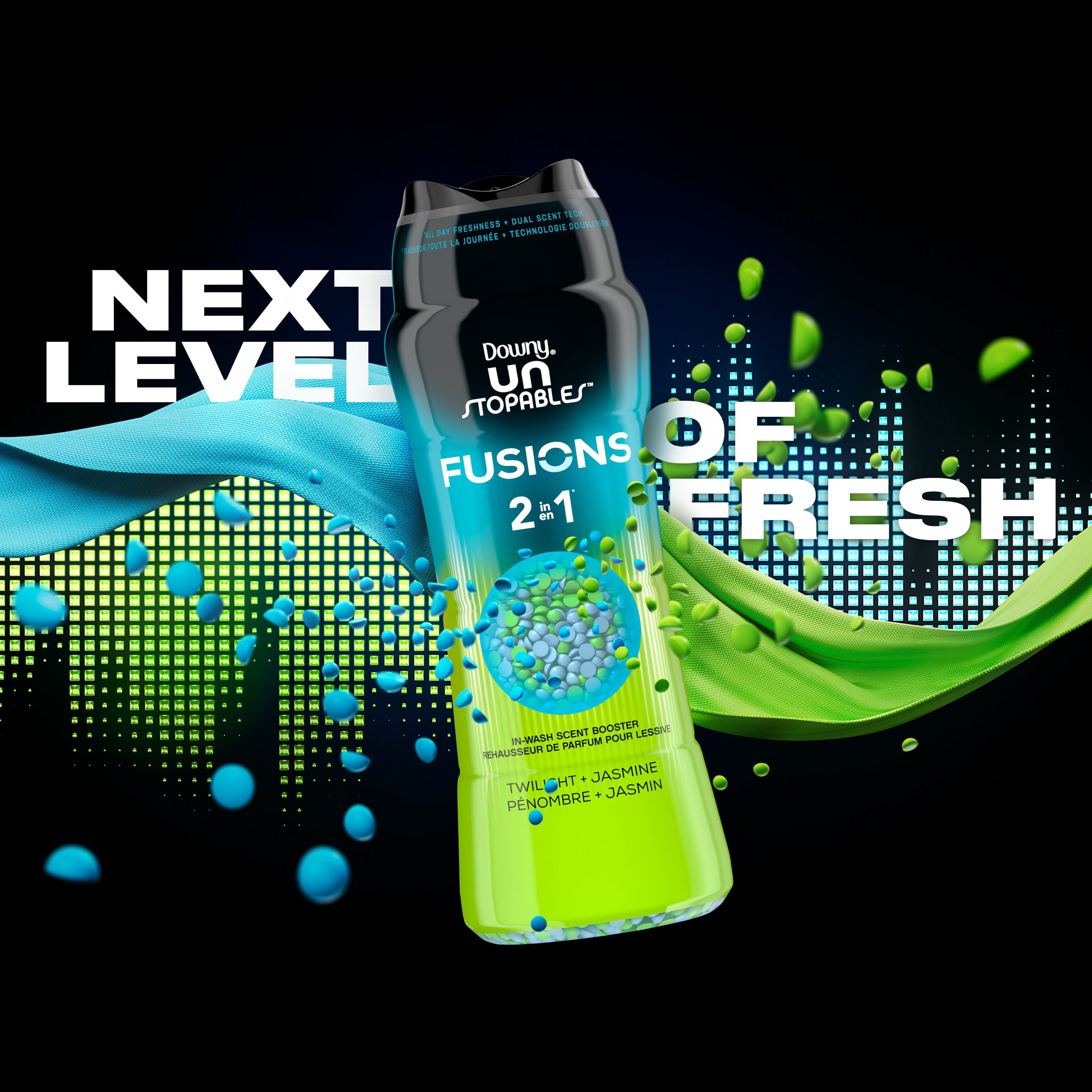 Perles rehausse-parfum pour la lessive Downy Unstopables Fusions, parfum Pénombre et jasmin, fraîcheur 2 en 1 toute la journée, technologie à double parfum