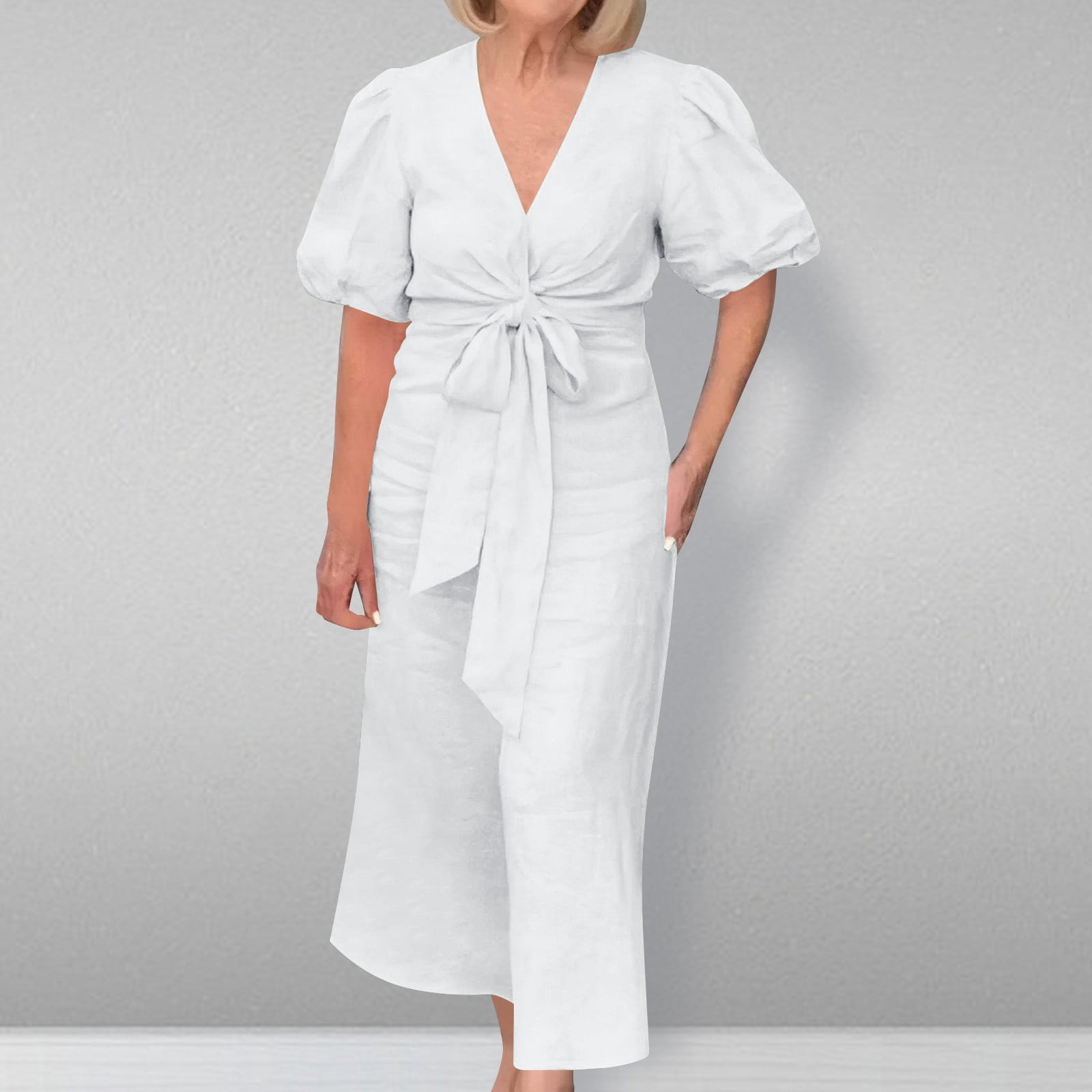LOVZFMLL Women's Summer Solid Color Short Sleeve -Neck Dress White 2XL