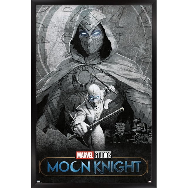 Marvel Moon Knight - Teaser Wall Poster, 22.375" x 34" featuring grayscale artwork of Moon Knight with glowing eyes and crescent moon symbol on his hooded cloak, standing behind a suited figure wielding batons in an action pose, set against a textured background with Egyptian hieroglyphs and city skyline, with Marvel Studios and Moon Knight logo at the bottom, ideal for bedroom or office wall decor.