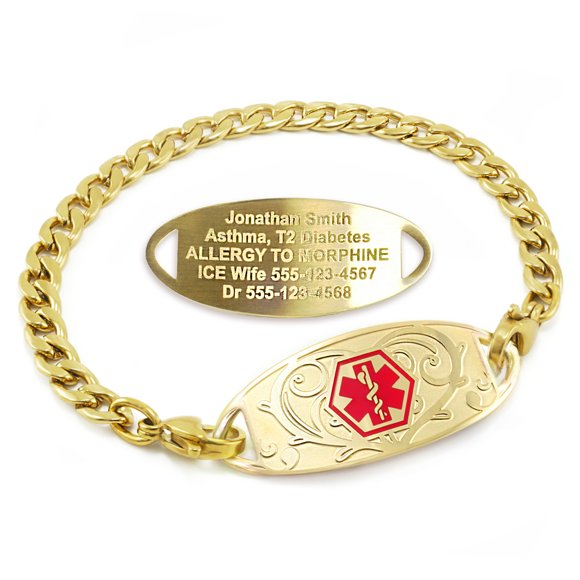 MedicEngraved Yellow Gold Stainless Steel Custom Medical Alert Bracelet - 5mm Curb Link