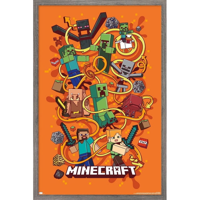 Minecraft - Funtage Wall Poster, 22.375" x 34", a colorful wall art poster with an orange background showing pixelated Minecraft characters including Steve and Alex holding diamond swords, Creepers, Zombies, Skeletons, a Pig, a Ghast, and various Minecraft blocks connected by swirling yellow arrows, framed in gray wood, suitable for bedrooms, gaming rooms, or offices.